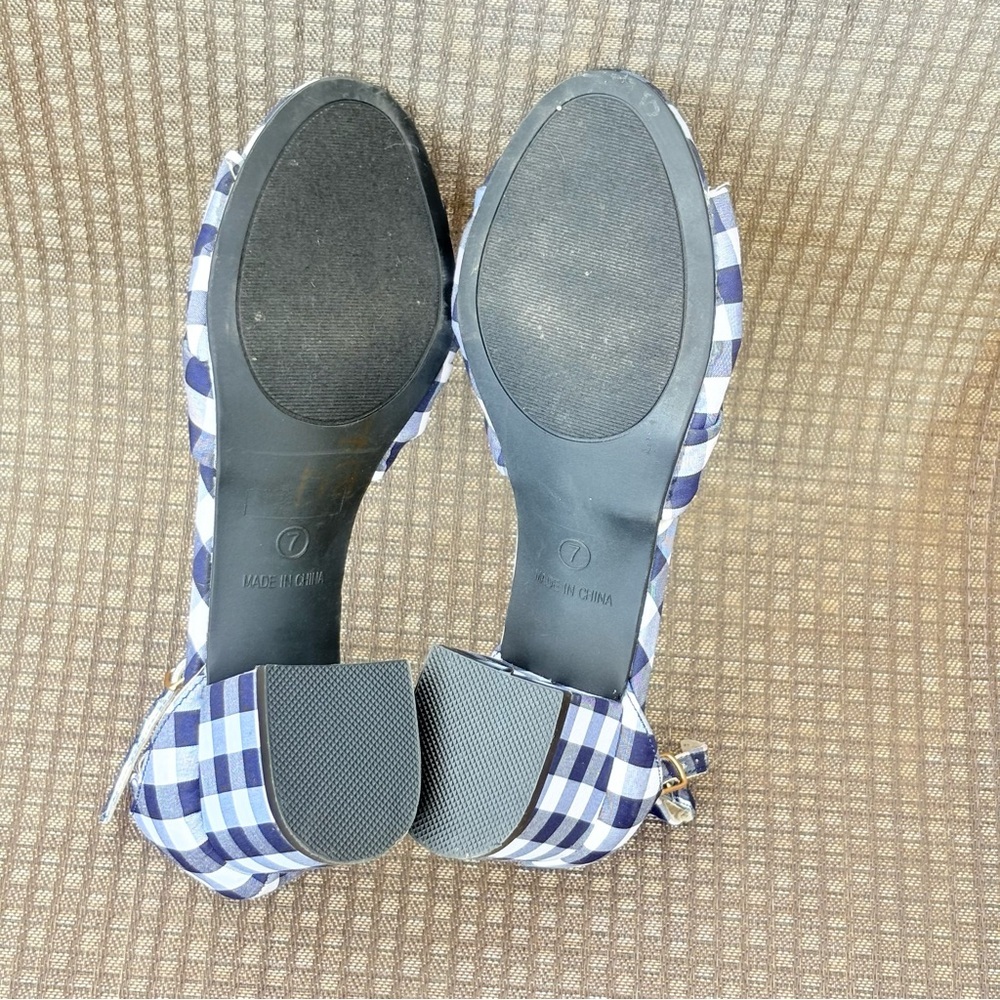 Vintage Betsey Johnson Ivee Women 7 Navy Gingham Bow Ankle Strap Heeled Sandals - Picture 9 of 9